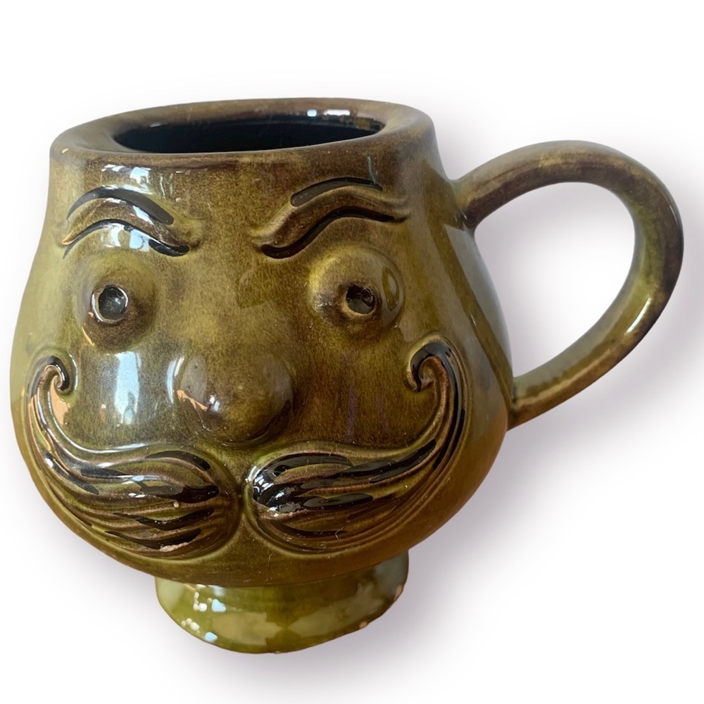 Vintage Holiday Designs USA Green Handlebar Mustache Ceramic Shaving Mug